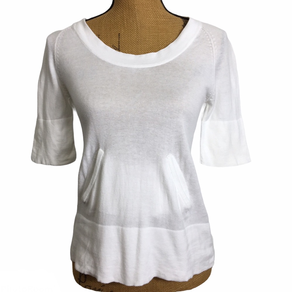 Mango White Semi-sheer 3/4 Sleeve Scoop Knit Casual Career Blouse Top XS
